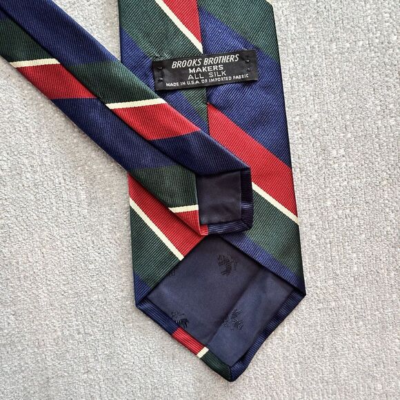 Brooks Brothers Tie Mens Navy Green Gold 100% Silk Repp Stripe USA Preppy - Picture 3 of 5